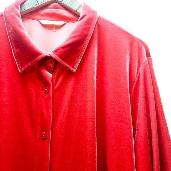 Soft Surroundings, Bright Coral BOYFRIEND Velour Long Sleeve Button Down Top - Picture 4 of 8
